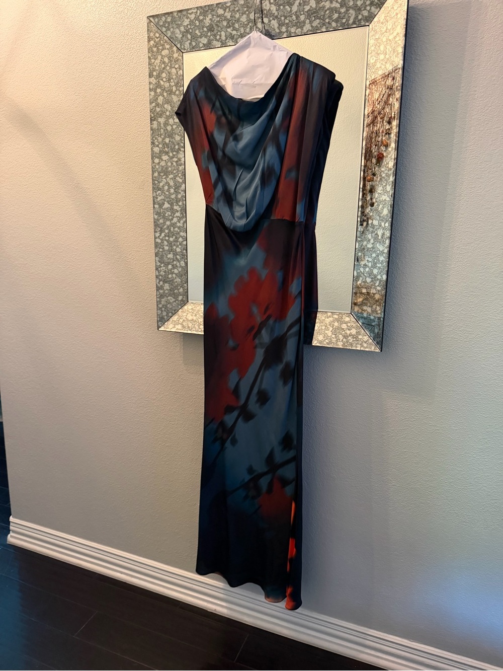 One-Shoulder Draped Maxi Dress in Blue and Red